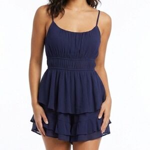 New SAINTS + SECRETS Women XS Navy Ruffled Babydoll Spaghetti Straps Romper